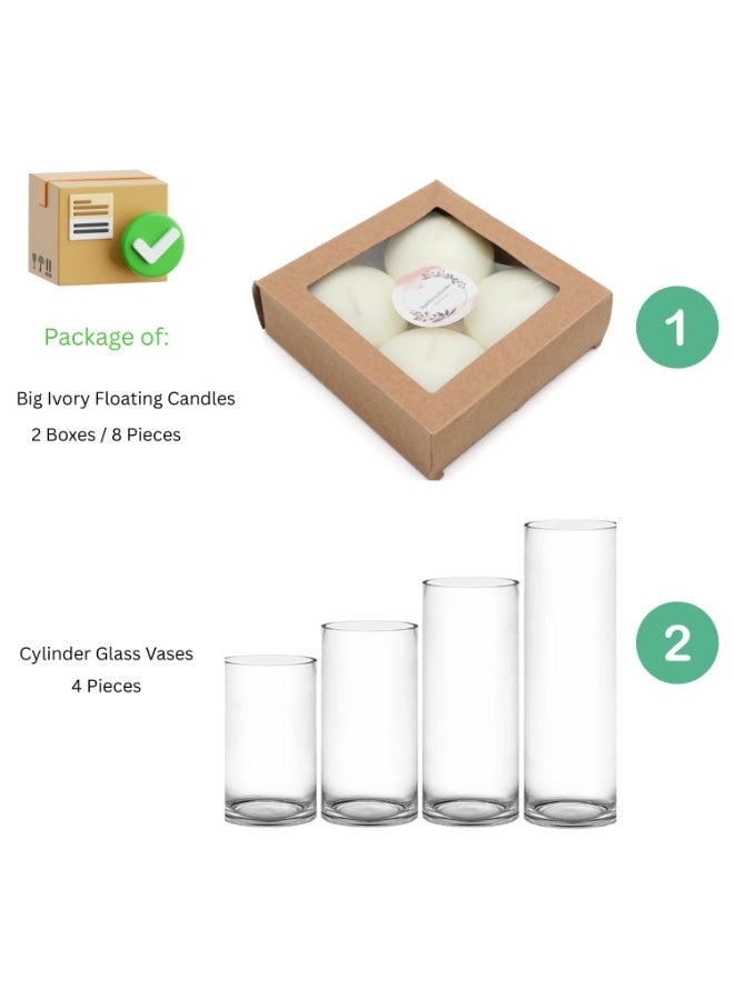 Mado Gallery Glass Cylinder Vases Set of 4 Decorative Flower & Candle Holders for Home or Wedding | Floating & Pillar Candles Choice Available (Buy It With Pack Of 8 Pieces Big Ivory Floating Candles) - Image 2