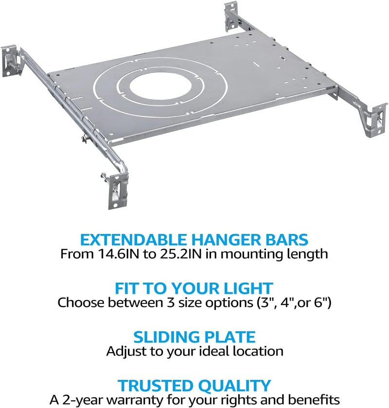 TORCHSTAR New Construction Mounting Plate, 3/4/6 Inch LED Recessed Lighting Kits, Compatibility Upgrade, Extendable Hanger Bars, Shallow Recessed Light Housing, Pack of 6 - Image 2