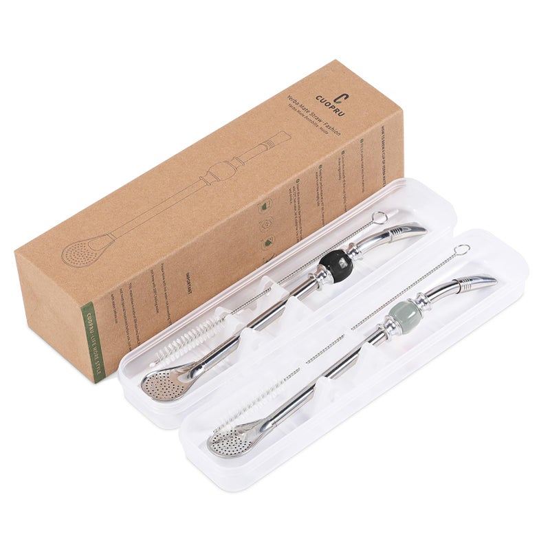CUOPRU Yerba Mate Bombillas Set  Included Mate Gourd Stainless Steel Straws with Straw Case Removable Head Filter Colorful Bead Cleaning Brush Black and Gray