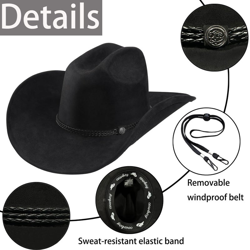 Foeran Western Cowboy Hat for Men Women,Shapeable Wide Brim Felt Fedora Classic Cowgirl Hats for Cowboys and Cowgirls,with bolo tie (US, Alpha, Medium, Large, Black-C) - Image 2