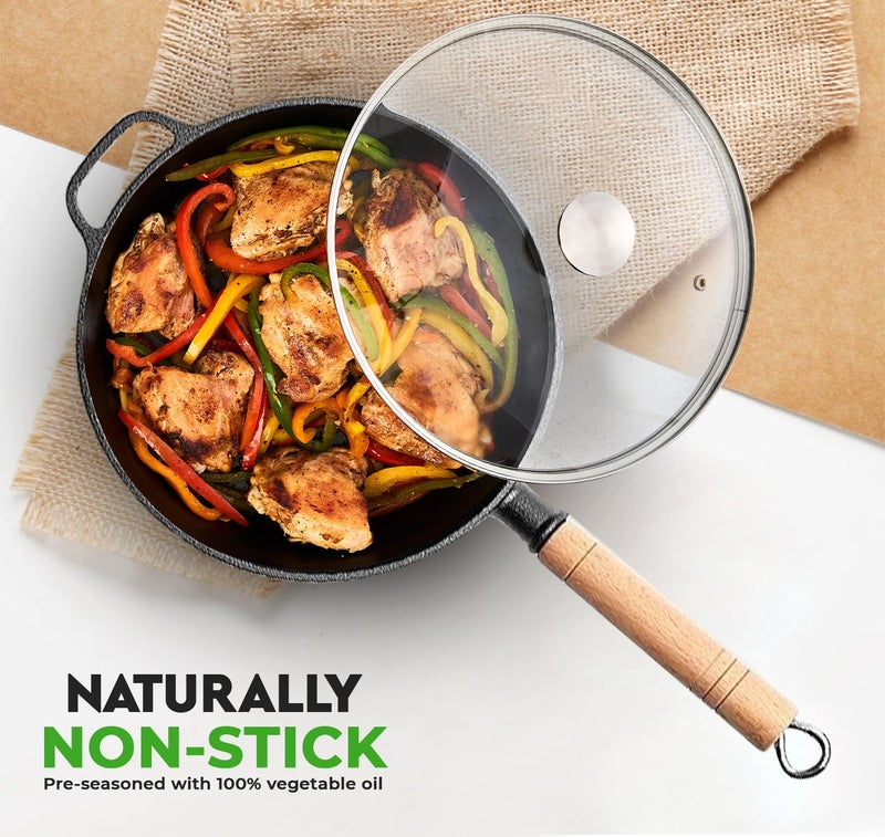 PANCA Cast Iron Fry Pan with Glass Lid, 24 cm Heavy Quality Multi-Purpose Non-Stick Frying Pan|Durable Layered Non-Stick Coating | Induction & Gas Compatible | Ergonomic Wooden Handle for Easy Grip - Image 2
