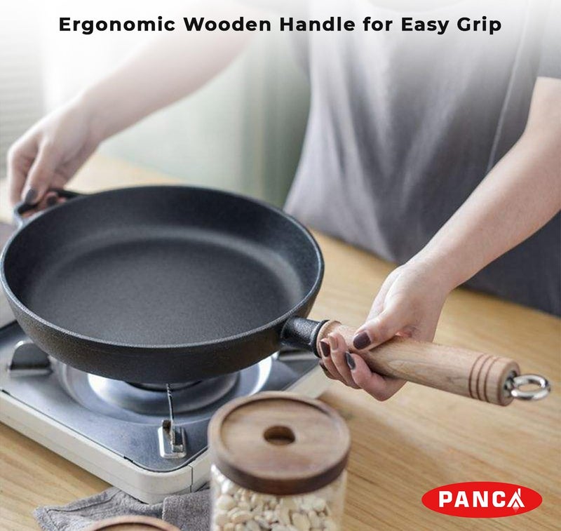PANCA Cast Iron Fry Pan with Glass Lid, 24 cm Heavy Quality Multi-Purpose Non-Stick Frying Pan|Durable Layered Non-Stick Coating | Induction & Gas Compatible | Ergonomic Wooden Handle for Easy Grip - Image 3