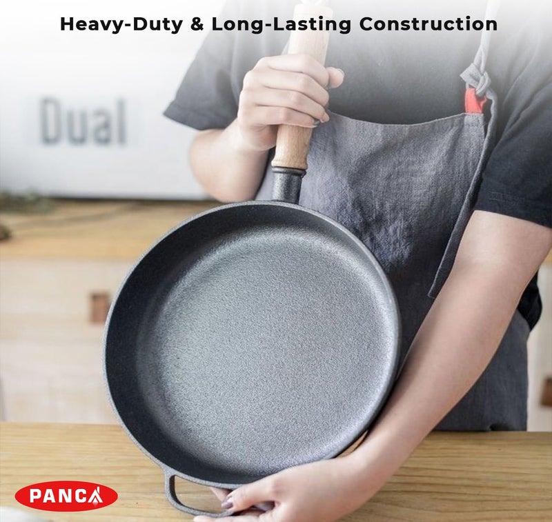 PANCA Cast Iron Fry Pan with Glass Lid, 24 cm Heavy Quality Multi-Purpose Non-Stick Frying Pan|Durable Layered Non-Stick Coating | Induction & Gas Compatible | Ergonomic Wooden Handle for Easy Grip - Image 5