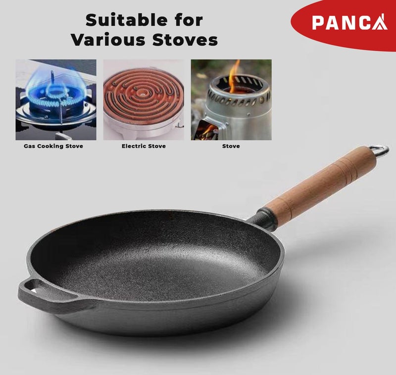 PANCA Cast Iron Fry Pan with Glass Lid, 24 cm Heavy Quality Multi-Purpose Non-Stick Frying Pan|Durable Layered Non-Stick Coating | Induction & Gas Compatible | Ergonomic Wooden Handle for Easy Grip - Image 4