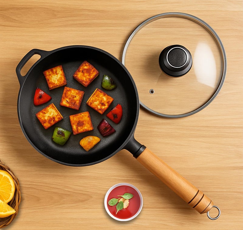 PANCA Cast Iron Fry Pan with Glass Lid, 24 cm Heavy Quality Multi-Purpose Non-Stick Frying Pan|Durable Layered Non-Stick Coating | Induction & Gas Compatible | Ergonomic Wooden Handle for Easy Grip - Image 1
