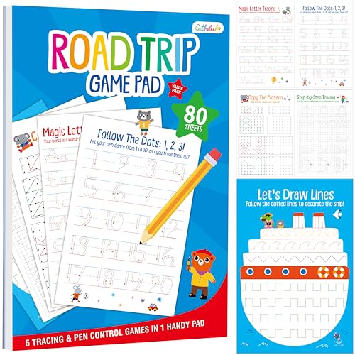 Gethelud Pen Control Tracing Activity Pad 80 Tearoff Sheets Alphabet Number Handwriting Practice Notepad for Kids Letters AZNumbers120Patterns Tracing Workbook for Plane Car Travel Road Trip - Image 1