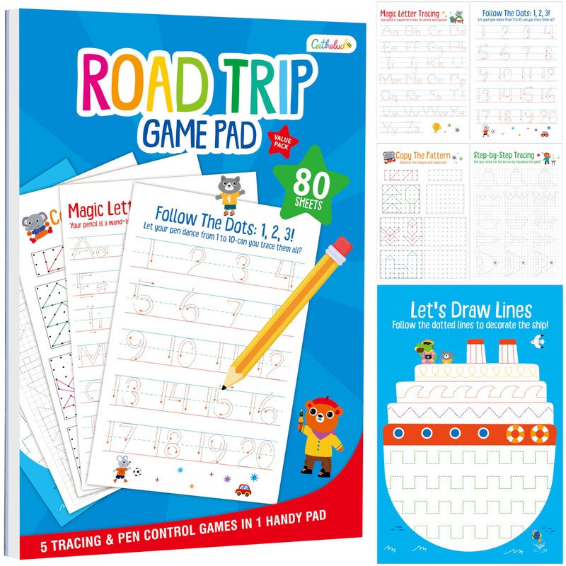 Gethelud Pen Control Tracing Activity Pad 80 Tearoff Sheets Alphabet Number Handwriting Practice Notepad for Kids Letters AZNumbers120Patterns Tracing Workbook for Plane Car Travel Road Trip - Image 3