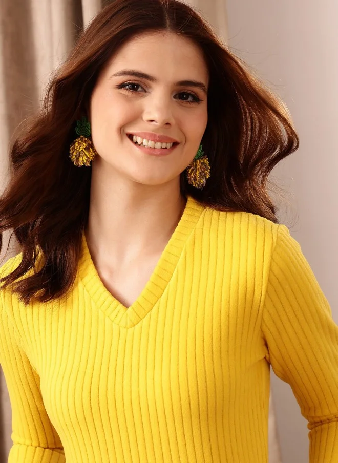 STREET 9 BASICS Fitted Yellow Ribbed Crop Top for Women