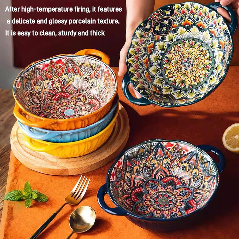 Ronanemon 2Pack Bohemia Large Bowls with Handle, 40 oz Ceramic Soup Bowl for Salad, Pasta, Cereal,Fruit, Udon, Microwave & Dishwasher Safe(blue.green) - Image 3