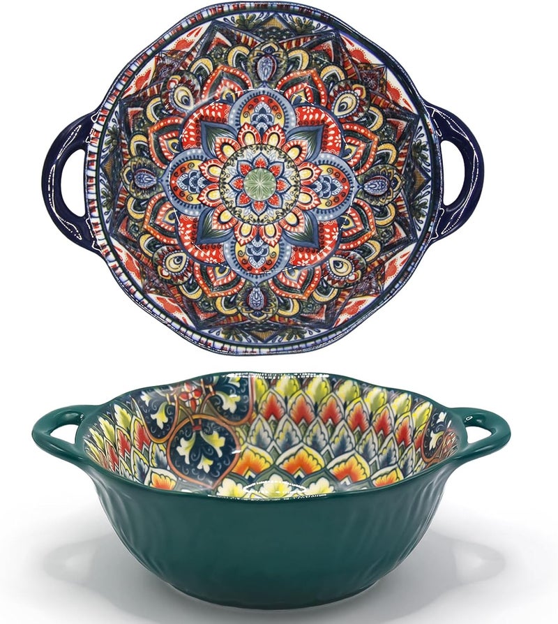 Ronanemon 2Pack Bohemia Large Bowls with Handle, 40 oz Ceramic Soup Bowl for Salad, Pasta, Cereal,Fruit, Udon, Microwave & Dishwasher Safe(blue.green) - Image 1