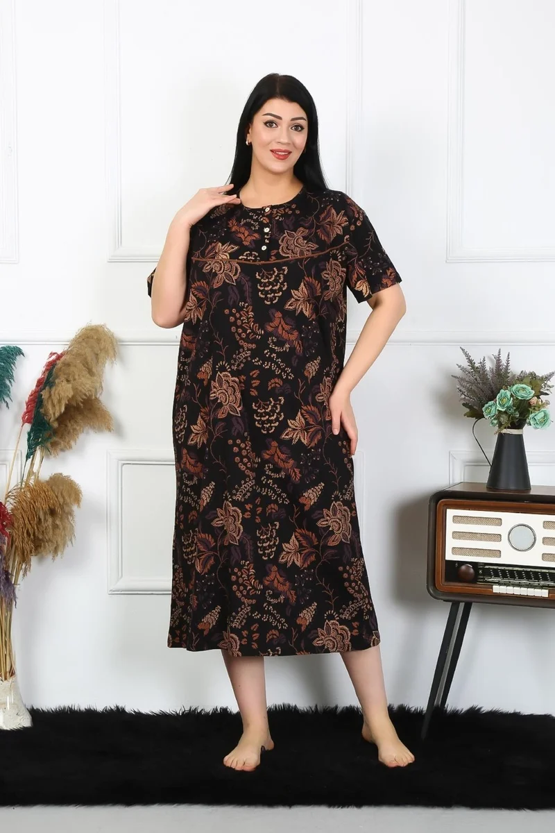 Akbeniz Women's Plus Size Short Sleeve Black Mother's Nightgown 1375