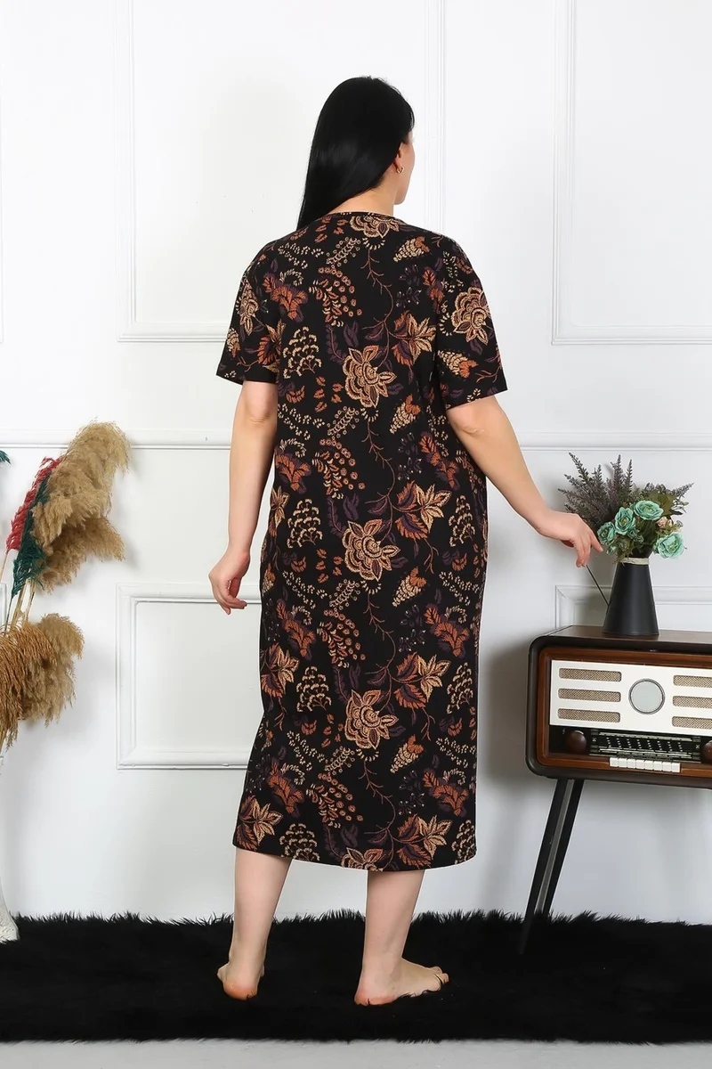 Akbeniz Women's Plus Size Short Sleeve Black Mother's Nightgown 1375