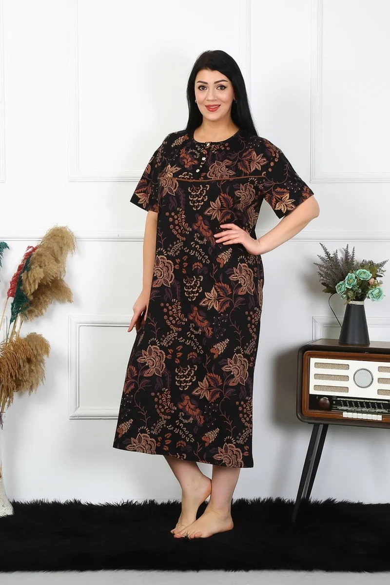 Akbeniz Women's Plus Size Short Sleeve Black Mother's Nightgown 1375