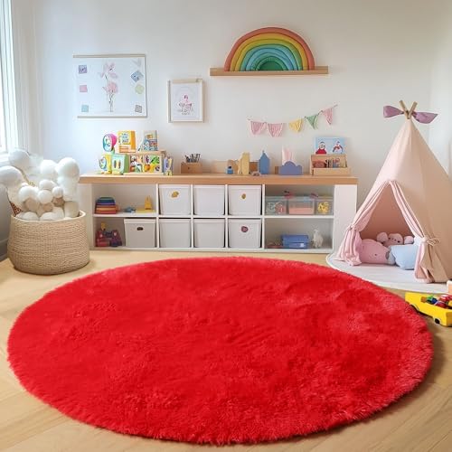ONASAR Red Round Area Rug 4x4, Soft Bedroom Circle Rugs Floor Mat for Kids Girls Teen Room, Kawaii Fluffy Plush Shaggy Carpet for Nursery Living Room Playroom Christmas Home Decor Princess Castle - Image 5