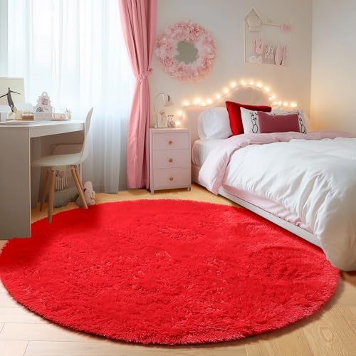 ONASAR Red Round Area Rug 4x4, Soft Bedroom Circle Rugs Floor Mat for Kids Girls Teen Room, Kawaii Fluffy Plush Shaggy Carpet for Nursery Living Room Playroom Christmas Home Decor Princess Castle - Image 4