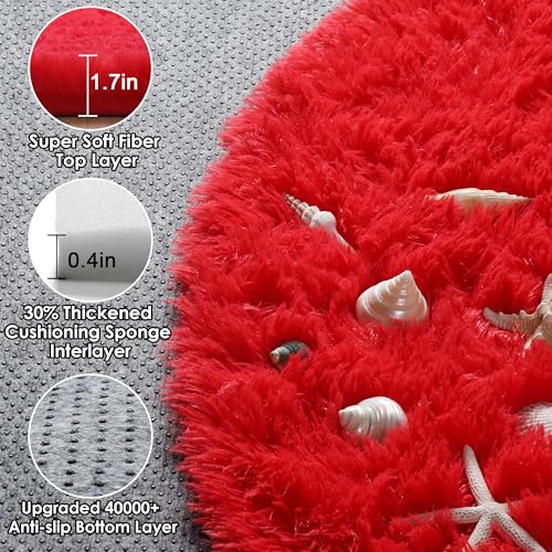 ONASAR Red Round Area Rug 4x4, Soft Bedroom Circle Rugs Floor Mat for Kids Girls Teen Room, Kawaii Fluffy Plush Shaggy Carpet for Nursery Living Room Playroom Christmas Home Decor Princess Castle - Image 2
