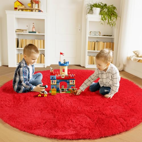ONASAR Red Round Area Rug 4x4, Soft Bedroom Circle Rugs Floor Mat for Kids Girls Teen Room, Kawaii Fluffy Plush Shaggy Carpet for Nursery Living Room Playroom Christmas Home Decor Princess Castle - Image 3