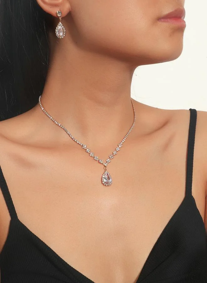 تايك تو Take Two Embellished Necklace with Rhinestone Drop and Earrings set