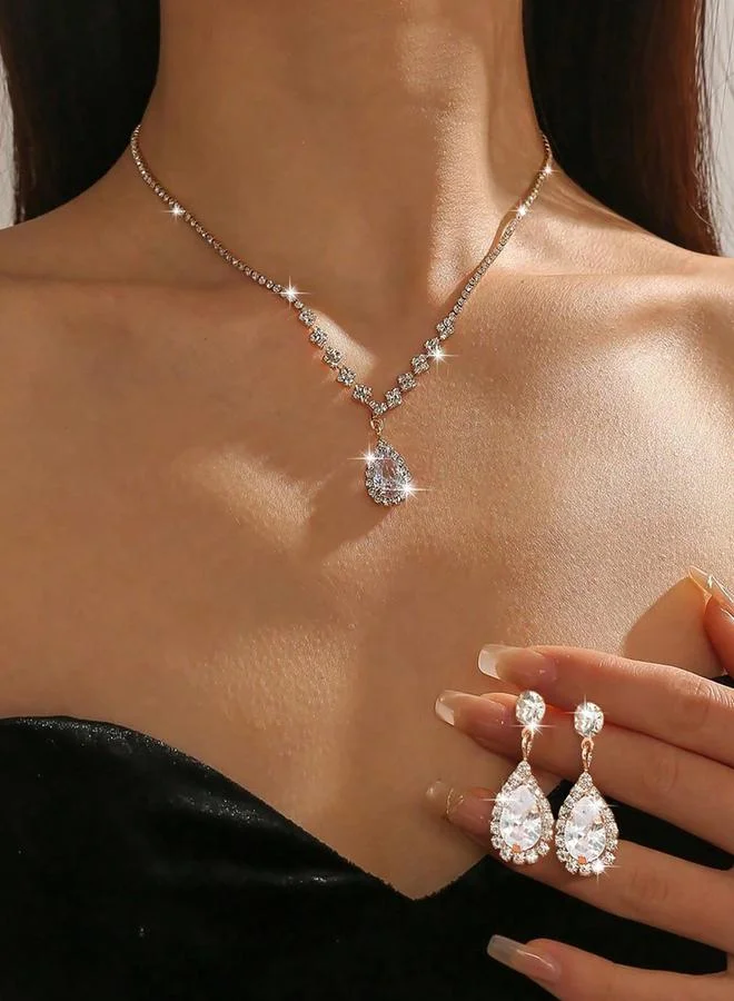 تايك تو Take Two Embellished Necklace with Rhinestone Drop and Earrings set