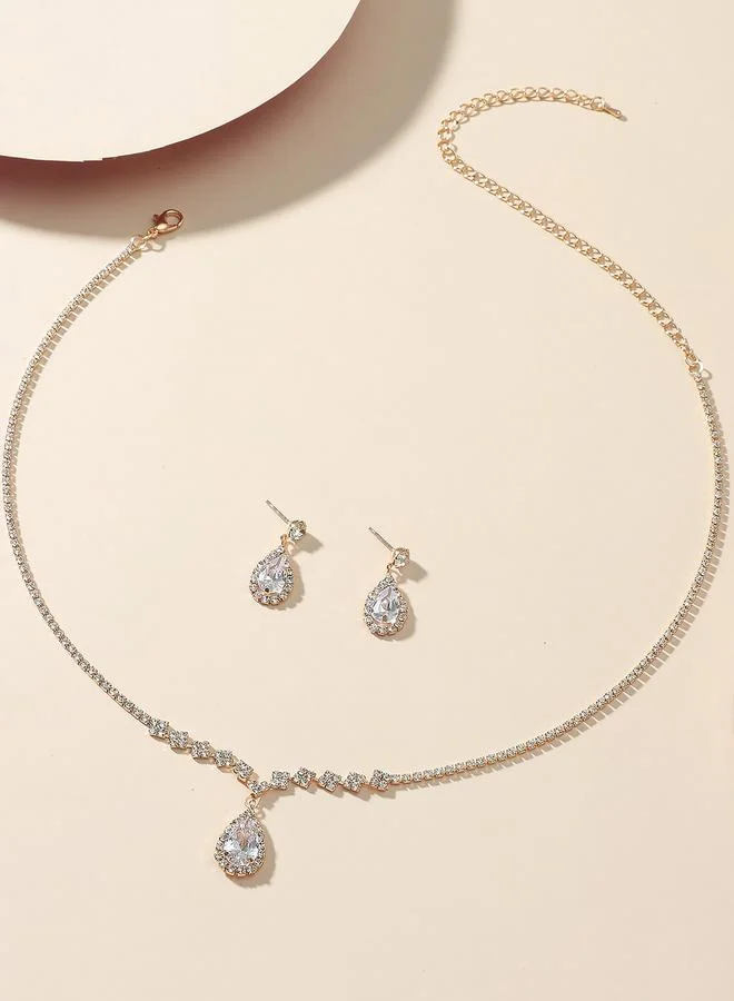 تايك تو Take Two Embellished Necklace with Rhinestone Drop and Earrings set
