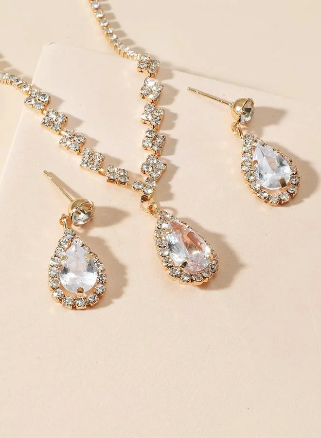 تايك تو Take Two Embellished Necklace with Rhinestone Drop and Earrings set