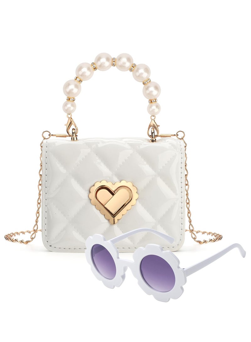 Excefore Girls Handbag Set, Cute Girls' Shoulder Bags with Adjustable Chain, Children's Purse and Kids Sunglasses, Gifts Kids Purse Birthday Presents for 3 4 5 6 Years Old Girls (White) - Image 1