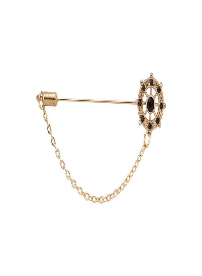 Knighthood Men's Executive Wheel with Black Stone and Hanging Chain Lapel Pin Golden - Image 1