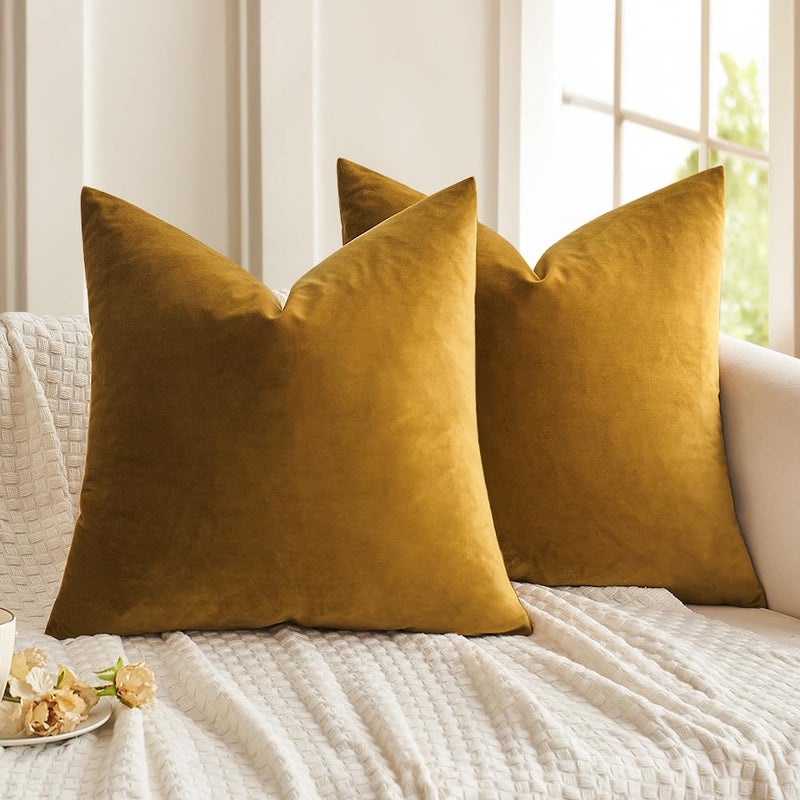 MIULEE 24x24 Inch Euro Sham Velvet Pillow Covers, Set of 2 Large Square Decorative Pillows -Mustard Yellow Super Soft for King Bed, Sofa, Couch, Accent Chairs with Hidden Zipper - Image 1