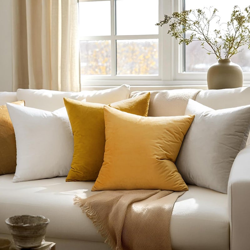 MIULEE 24x24 Inch Euro Sham Velvet Pillow Covers, Set of 2 Large Square Decorative Pillows -Mustard Yellow Super Soft for King Bed, Sofa, Couch, Accent Chairs with Hidden Zipper - Image 5