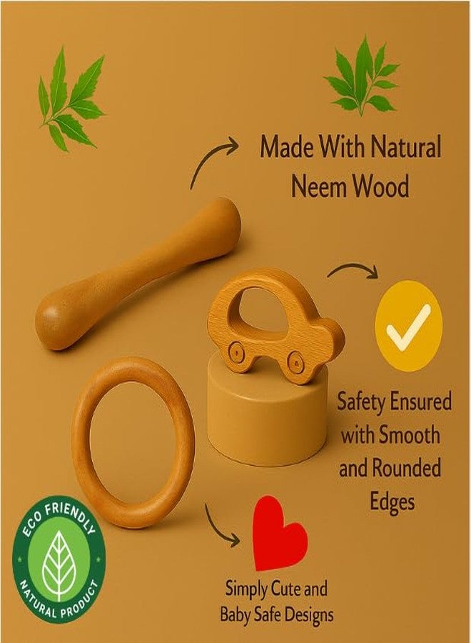 WoCra® Organic Neem Wood Baby Teether Combo Set - Car Ring Dumbbell Shaped Natural Wooden Teething Toys for Babies , Toddlers & Infants 3-12 Months - Organic Hand Crafted, Chemical-Free Montessori Sensory Toys (Pack of 3) - Image 3