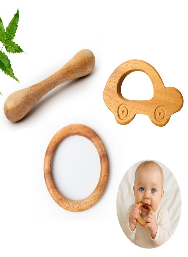 WoCra® Organic Neem Wood Baby Teether Combo Set - Car Ring Dumbbell Shaped Natural Wooden Teething Toys for Babies , Toddlers & Infants 3-12 Months - Organic Hand Crafted, Chemical-Free Montessori Sensory Toys (Pack of 3) - Image 1