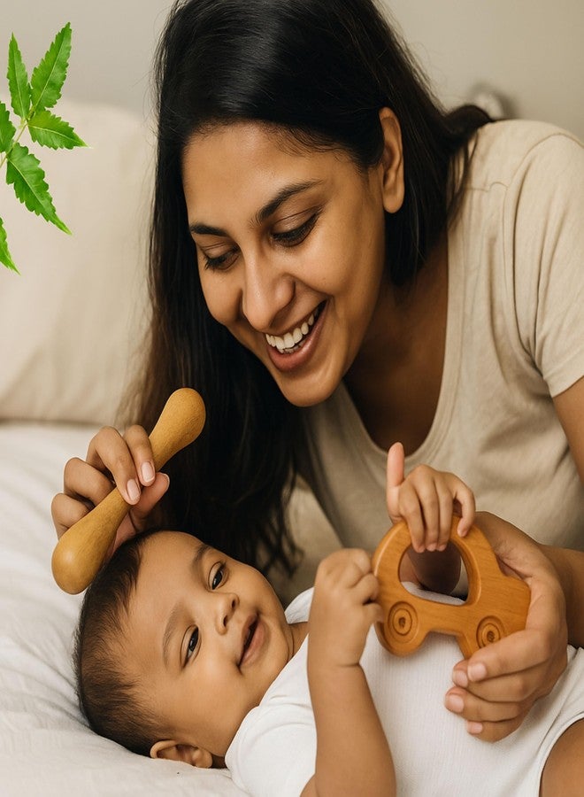 WoCra® Organic Neem Wood Baby Teether Combo Set - Car Ring Dumbbell Shaped Natural Wooden Teething Toys for Babies , Toddlers & Infants 3-12 Months - Organic Hand Crafted, Chemical-Free Montessori Sensory Toys (Pack of 3) - Image 5