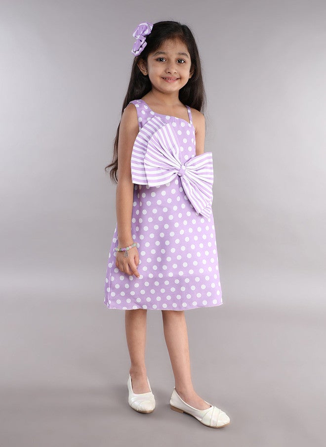PinkChick Lavender Polka Dot One Shoulder A-Line Dress for Girls - Image 3