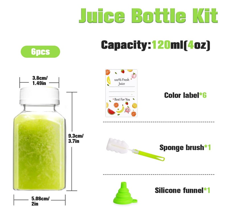 ztarraum Plastic Juice Bottles, Reusable Juice Containers with White Tamper Proof Lids, Brush, Funnel and Labels, Clear Juice Containers for Juicing, Smoothie and Homemade Beverages (6PCS 4oz) - Image 3