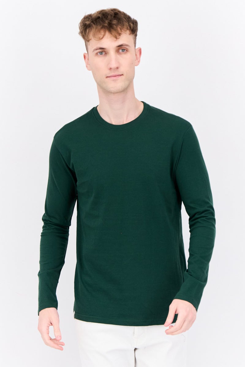 KANGOL تي شيرت رجالي بأكمام طويلة وياقة دائرية، أخضر داكن - Image 1