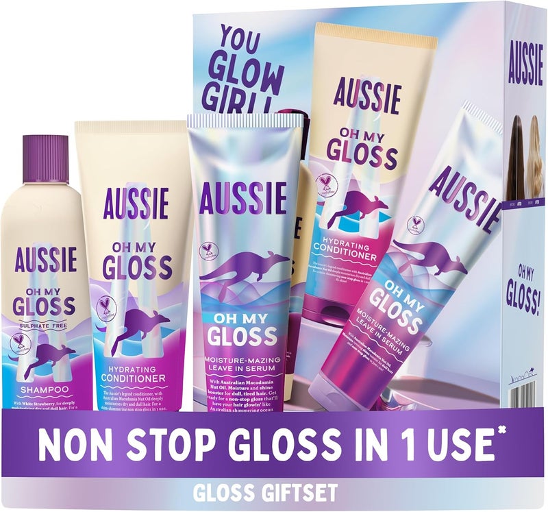 Aussie Oh My Gloss Hydrating Giftset Shampoo 300ml Conditioner 200ml Lightweight Leavein Serum 160ml Moisture Shine Booster for Dull Dry Hair With Jojoba Safflower Macadamia Nut Oils