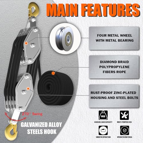 YATOINTO Rope Hoist Pulley System, 4400LB Pulley Block and Tackle, 8:1 Ratio Lifting Power 65ft, Heavy Duty Pulley Block for Hunting Lifting Heavy Objects Garage Warehouses Building - Image 2