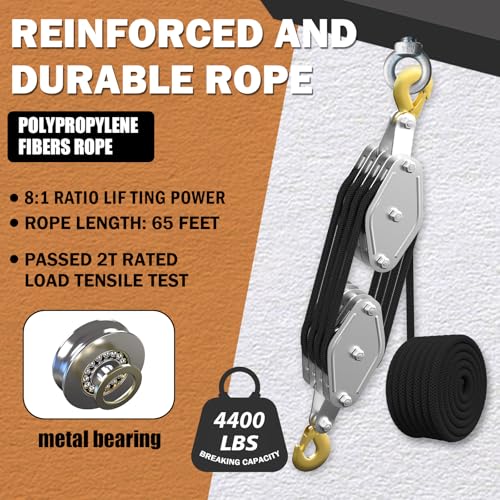 YATOINTO Rope Hoist Pulley System, 4400LB Pulley Block and Tackle, 8:1 Ratio Lifting Power 65ft, Heavy Duty Pulley Block for Hunting Lifting Heavy Objects Garage Warehouses Building - Image 3
