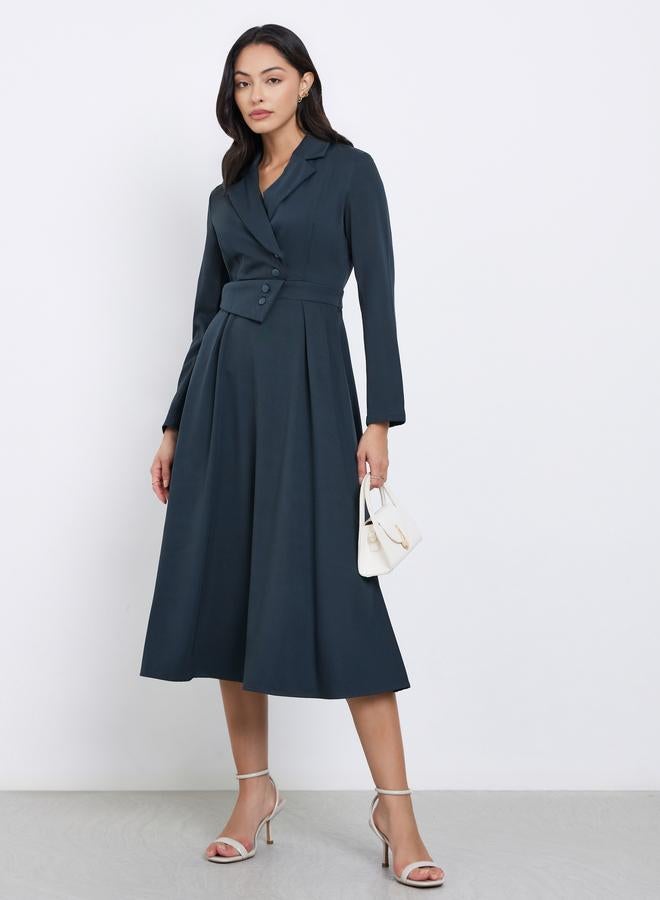 ستايلي فستان بليزر ميدي بلون تيل بأكمام طويلة - Image 1