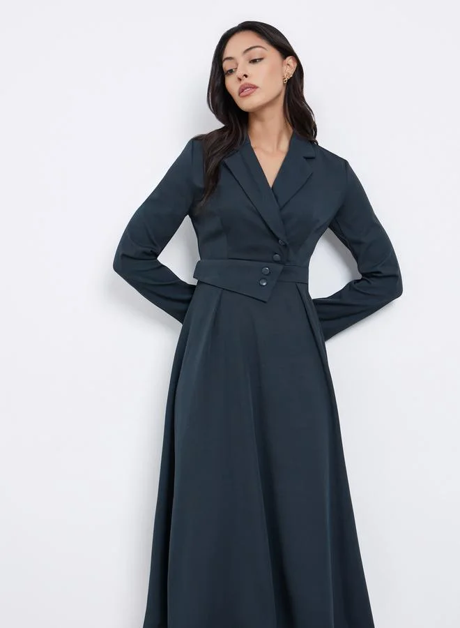 ستايلي فستان بليزر ميدي بلون تيل بأكمام طويلة