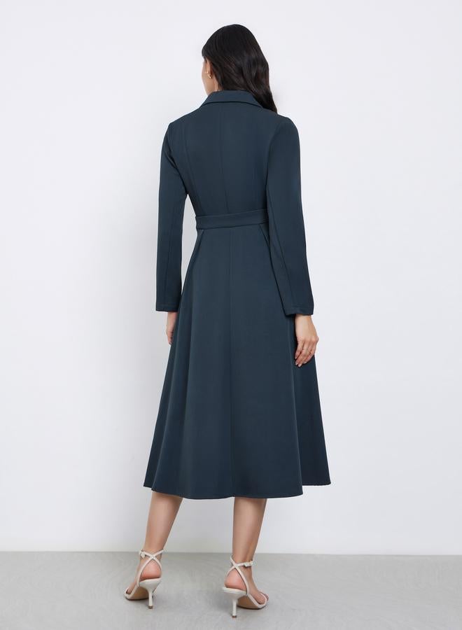 ستايلي فستان بليزر ميدي بلون تيل بأكمام طويلة - Image 4