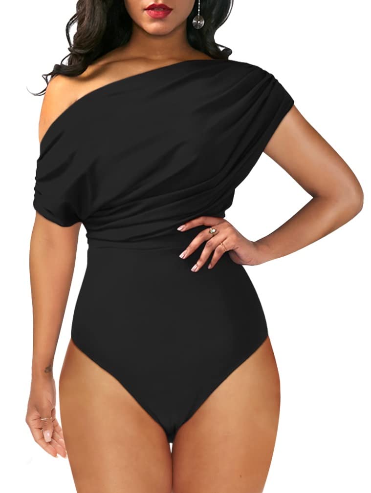 YMDUCH Women's Sexy Off Shoulder Sleeveless Bodycon One Piece Bodysuit Top Black - Image 1