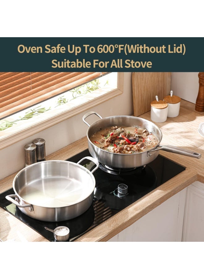 اكسيسن أواني طهي قصيرة من الفولاذ المقاوم للصدأ مع غطاء، مقلاة من الفولاذ المقاوم للصدأ ثلاثية الطبقات، مقلاة عميقة 12 بوصة مع غطاء، مقلاة سوتيه، قدر روندو مع غطاء متوافق مع جميع أسطح الطهي حتى 600 درجة فهرنهايت - Image 2