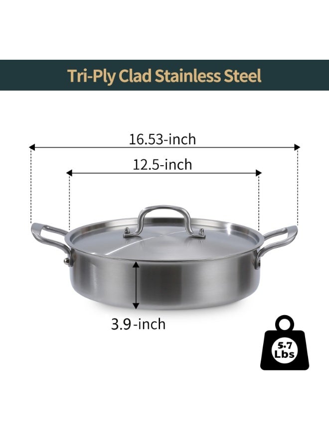 اكسيسن أواني طهي قصيرة من الفولاذ المقاوم للصدأ مع غطاء، مقلاة من الفولاذ المقاوم للصدأ ثلاثية الطبقات، مقلاة عميقة 12 بوصة مع غطاء، مقلاة سوتيه، قدر روندو مع غطاء متوافق مع جميع أسطح الطهي حتى 600 درجة فهرنهايت - Image 5