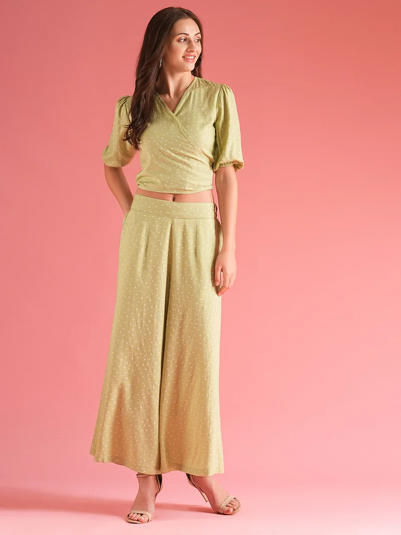 Globus Women Green Polka Dots Printed Wrap Crop Top With Palazzo