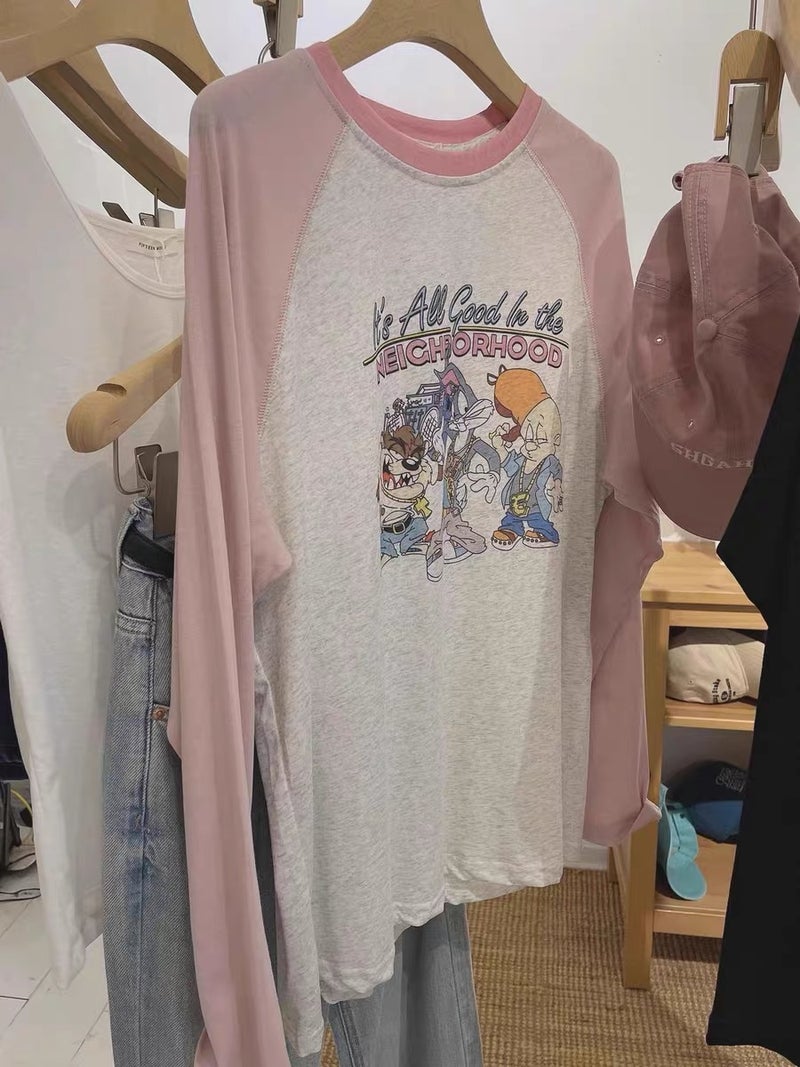 White Contrasting Raglan Sleeves Cartoon Animal Print Slightly Fat Large Size Long-Sleeved Top Thin Section 2024 Autumn New Style - Image 3