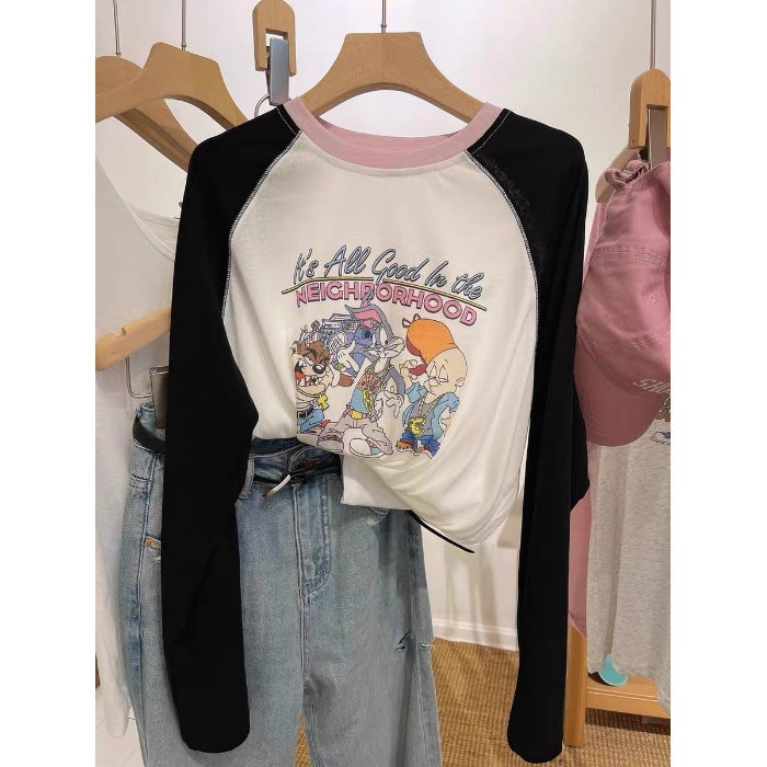 White Contrasting Raglan Sleeves Cartoon Animal Print Slightly Fat Large Size Long-Sleeved Top Thin Section 2024 Autumn New Style - Image 1