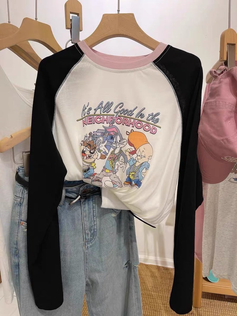 White Contrasting Raglan Sleeves Cartoon Animal Print Slightly Fat Large Size Long-Sleeved Top Thin Section 2024 Autumn New Style - Image 5