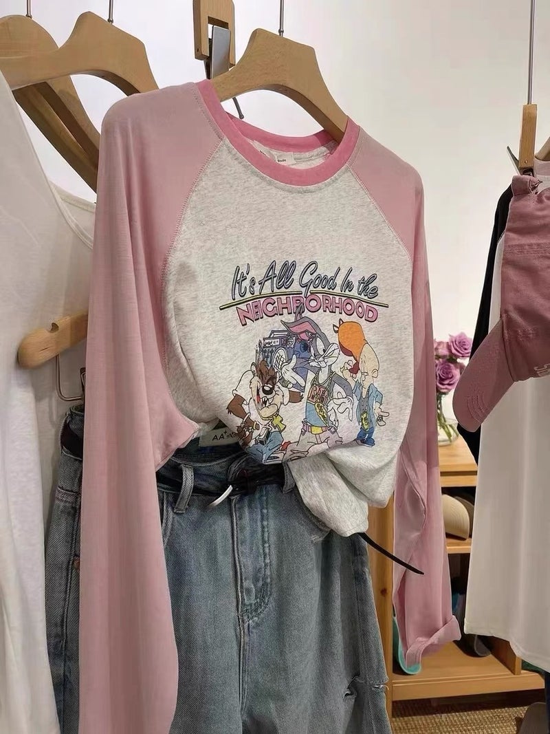 White Contrasting Raglan Sleeves Cartoon Animal Print Slightly Fat Large Size Long-Sleeved Top Thin Section 2024 Autumn New Style - Image 2