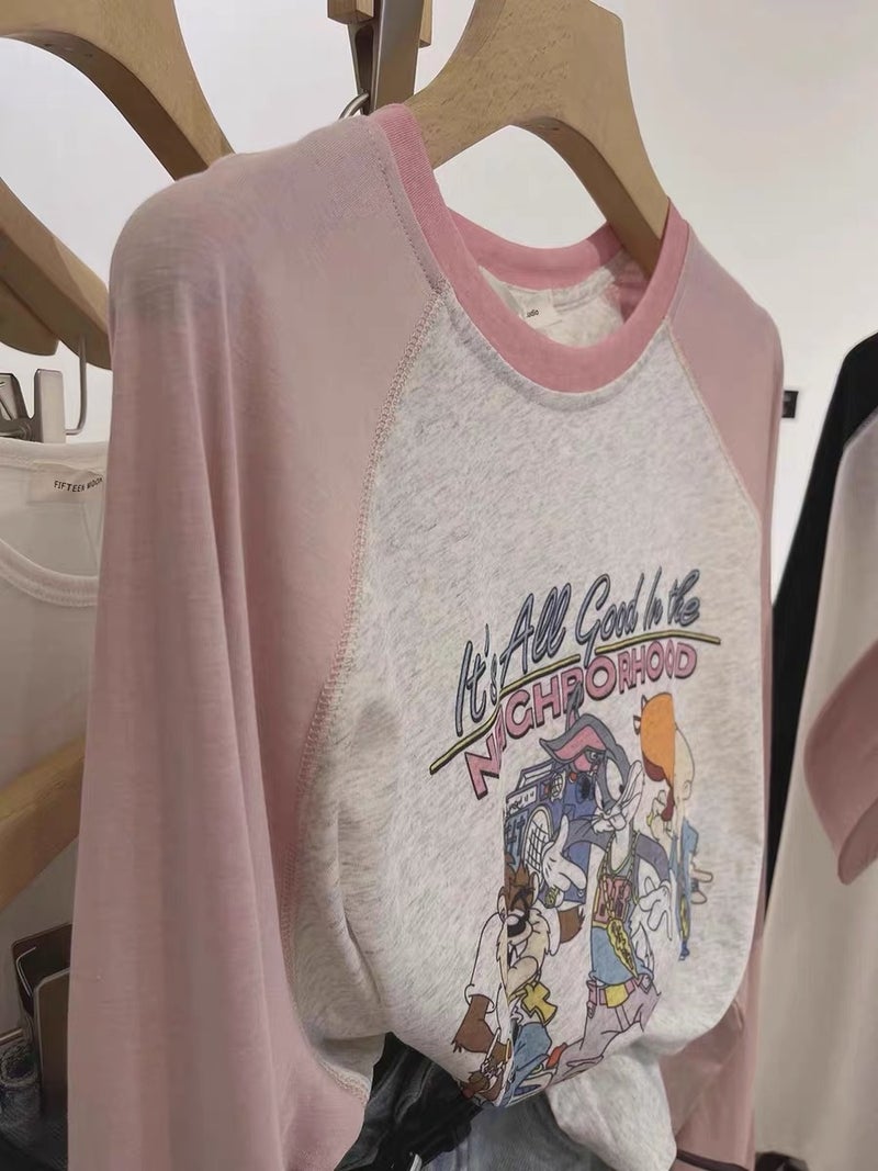 White Contrasting Raglan Sleeves Cartoon Animal Print Slightly Fat Large Size Long-Sleeved Top Thin Section 2024 Autumn New Style - Image 4
